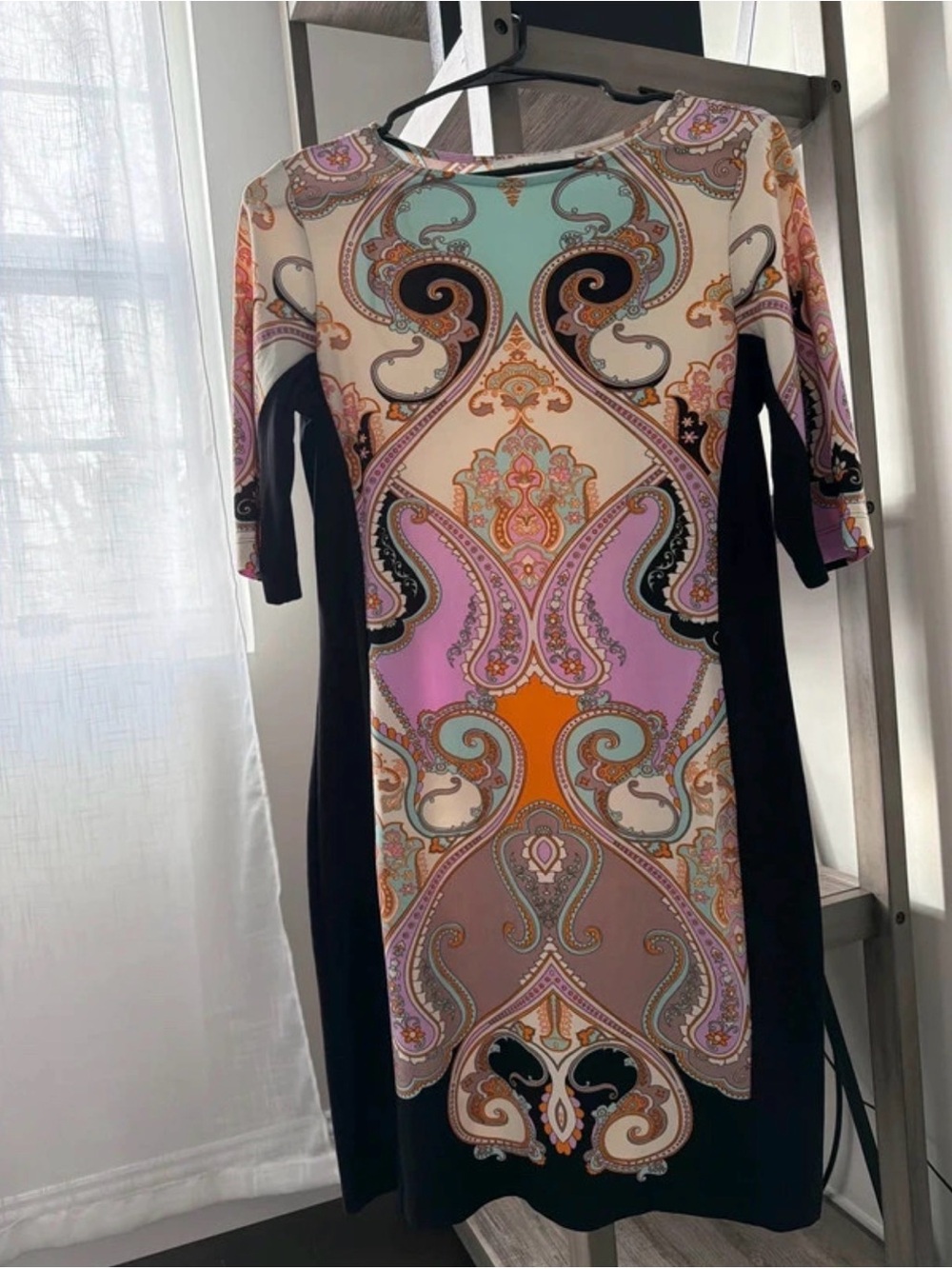 Black Midi Dress with Pastel Paisley Panel